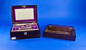 19th Century, Rosewood Veneered sewing box, The top with a mother of pear cartouche with a matching