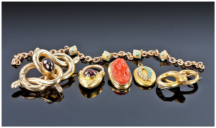 Collection Of 19thC Jewellery, Comprising Bracelet With Five Bauble Spacers Set With Turquoise