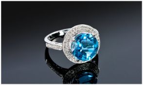 14ct White Gold Blue Topaz & Diamond Ring, Set With A Central Round Topaz (Estimated Weight 5,75ct)