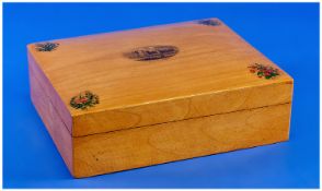 Welsh Interest. A good Mauchlinware sycamore jewellery box. Square shape with blue padded interior.