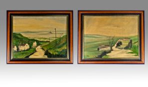 Pair of Framed Oil Paintings on Canvas. Signed Tortice  lower left. In the style of Paul Henry. 13