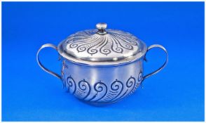 Victorian Fine Silver Two Handled, Lidded Porringer. With arts and crafts influence. Hallmarked