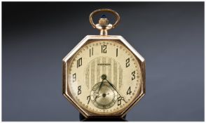 Art Deco Waltham Open Faced Pocket Watch, The 43mm Plated Case Of Octagonal Form, Gilt Dial With