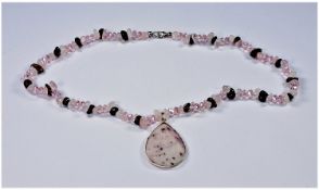 Pink Opal, Rose Quartz and Smoky Quartz Pendant Necklace, the soft pink, silver mounted, pear