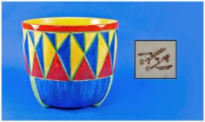 Clarice Cliff Hand Painted Jardiniere, circa 1928, `Abstract Original Bizarre` design, over