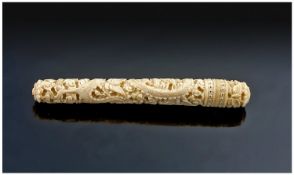 Cantonese 19th Century Carved Ivory Needle Case with screw top, the whole tube deeply carved with a