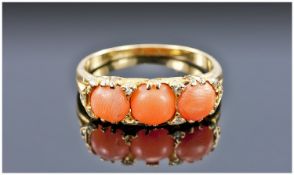 Victorian 18ct Gold Coral Ring, Set With Three Round Cut Polished Corals Between Rose Cut Spacers,