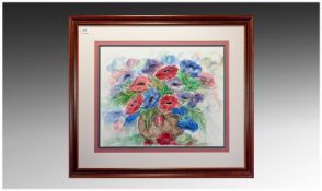 Sandra Cooper Watercolour, still life of Poppies in a vase, signed. (Artists label verso). Size 17.