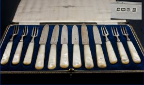 Cased Set Of Silver Dessert Knives And Forks, Fully Hallmarked For Sheffield b & m 1019/1929, All