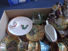 Box of Misc, comprising Romany part tea set, Wood & Sons item, glass and a Victorian style figure