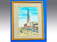 Local Interest. Watercolour of Blackpool Tower. Signed and dated 1988 Tortice. 10 by 16 inches.