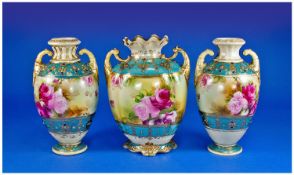 Noritake Hand Decorated Garniture Set Of Two Handled Vases decorated with images of roses within