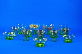 Collection Of Green Coloured Glassware including sundae dishes and tumbles, painted floral