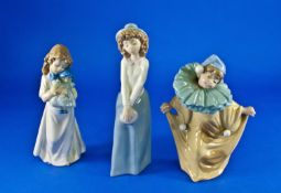 Three Nao By Lladro Figures comprising Girl With Doll, Clown Figure & girl with arms folded in