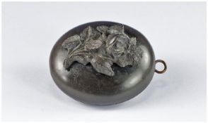 Victorian Whitby Jet Locket, The Hinged Front With Applied Flower Decoration, Opens To Reveal Two