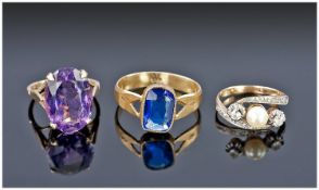 Three Gold Dress Rings Set with Various Coloured Stones, 1 Hallmarked 9ct, The Other Two Look To Be