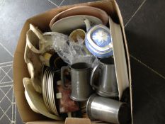 Box of Miscellaneous, including Character jugs, Wade mugs, German Stein jugs and tankards, pewter