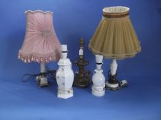 Collection of Five Various Lamps, including white opaline like lamp, a floral decorated ceramic