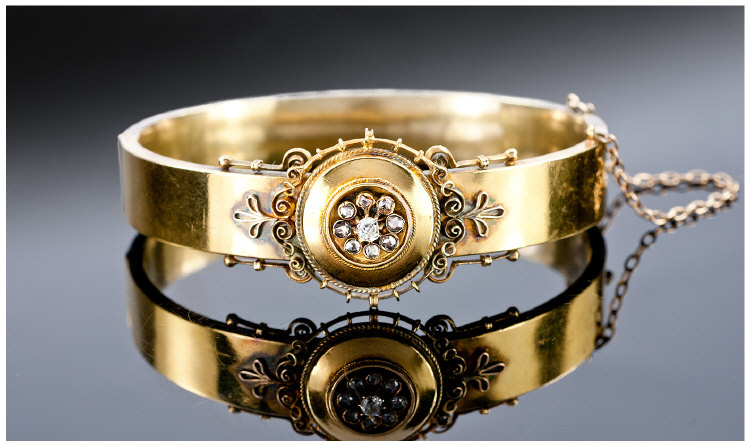 Victorian Hinged Bangle, The Front Set With Applied Disk Set With A Cluster Of Old Cut Diamonds In