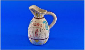 An Italian Art Pottery Jug decorated with horses with brightly enamelled details, marked to base `