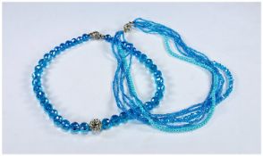 Set of Two Aqua Blue Crystal and Seed Bead Necklaces, can be worn in a variety of ways, singly, 2