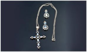 Moonstone and Silver Cross and Drop Earrings, the cross made up of bezel set marquise and round cut