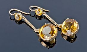 Pair Of Ladies 9ct Gold Drop Earrings, Set With One Small Above A Large Citrine Coloured Gemstone,