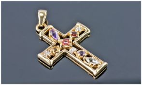 9ct Gold Cross, Set With Coloured Gemstones. Height With Bale 29mm