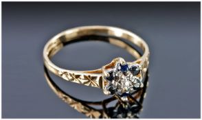 9ct Gold Diamond And Sapphire Cluster Ring. Fully Hallmarked, Ring Size P½