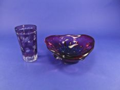 Contemporary Purple Glass Bowl possibly Whitefriars, together with a purple coloured cut glass