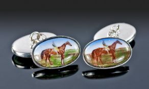 Gents Set Of Silver Cufflinks, Of Oval Form With Chain Links, The Fronts Showing Jockeys On