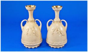 Doulton Burslem Rare Pair of Two Handled Frog and Mouse Cream Vases, decorated with raised images