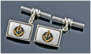 Gents Silver Cufflinks, The Rectangular Fronts Showing Masonic Emblems, Chain Fittings. Stamped 925