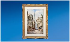 Keats Watercolour `Rouen, French Street Scene`. Dated 1885. Gilt frame. 13 by 20 inches.