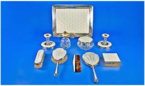 Ladies Very Fine 1930`s Ten Piece Silver and Enamel Dressing Table Set, comprising vanity tray (