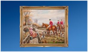 Framed Oil Painting on Canvas `Huntsmen with Dogs. Signed Jacob Hunt. 24 by 19 inches.