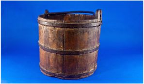 A Fine Late Eighteenth Century Pine and Iron Coopered Peat Bucket, wrought iron cast swing handle.