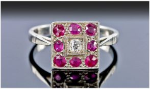 Edwardian Diamond And Ruby Ring, Square Millegrain Mount With Central Diamond Surrounded By Eight