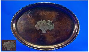Arts and Crafts Handmade Hammered Copper Oval Gallery Tray inlaid with silvered fruit sconce to