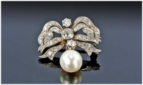 Victorian Diamond Brooch, In The Form Of A Millegrain Diamond Set Bow With Central Diamond And Free