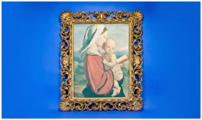 Medici Print After Raphael, `The Virgin and Child`. Gilt frame. 27 by 32 inches.