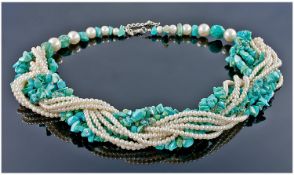 Fashion Necklace, Set With Turquoise And Pearl Coloured Beads. Length 24 Inches
