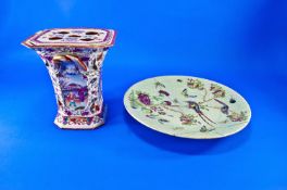 Three Pieces Of Ceramics Including Canton decorated plate, 14.5`` in diameter. Eighteen Century