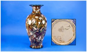 Doulton Lambeth Faience Vase, with naturalistic floral decoration, dated 1877, measuring 14 inches