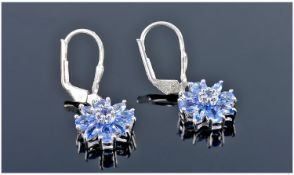 Tanzanite Floral Cluster Drop Earrings, alternating pear and marquise cut stones surrounding each