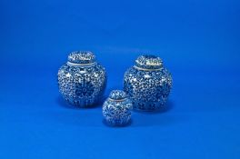 A Collection of Three Blue and White Ginger Jars. Various sizes.