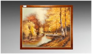 Oil on Board `River Landscape`. Signed M Burton. Framed. 24 by 20 inches.