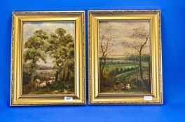 Pair Of Framed Oil Paintings ``Cattle And Deer In Landscape Setting`` Signed C.Wright lower right.