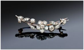 Victorian Silver Flower Brooch, Set With Old Cut Diamonds. Length 38mm