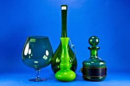 Collection Of Green Glass comprising, tall vase, large bowl shaped stem vase, bright green jug and